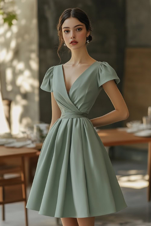 A fashionable woman in a sage green A-line midi dress with a modest neckline and gathered waist, standing near a minimalist wedding reception area