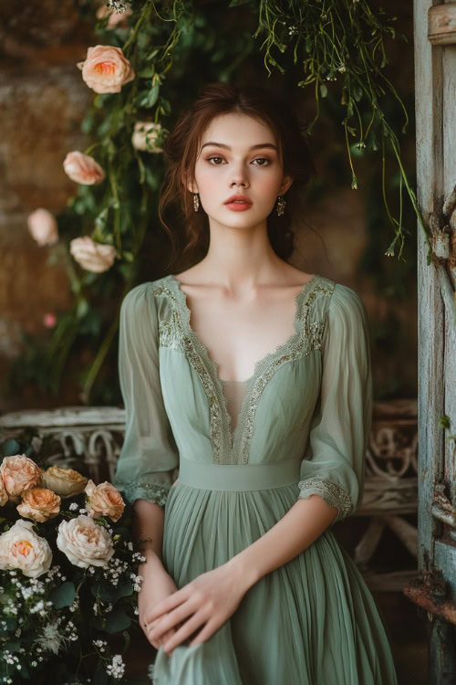 A fashionable woman in a sage green midi dress with three-quarter sleeves,