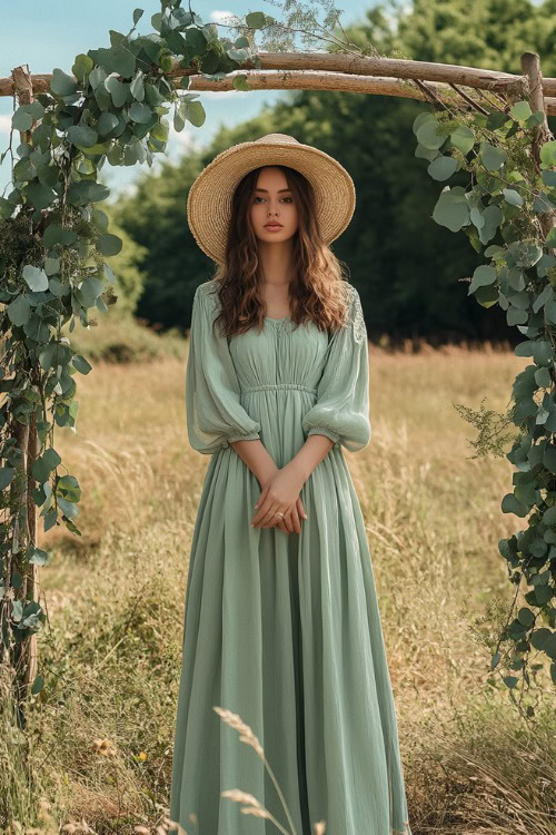 A fashionable woman in a sage green tea-length A-line dress styled with a straw hat