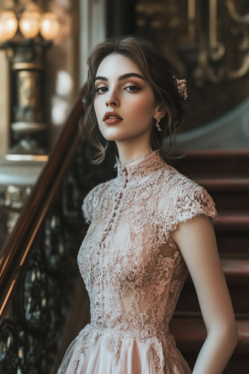 A fashionable woman in a soft blush pink midi dress with lace detailing, posing near a grand staircase in an indoor wedding hall