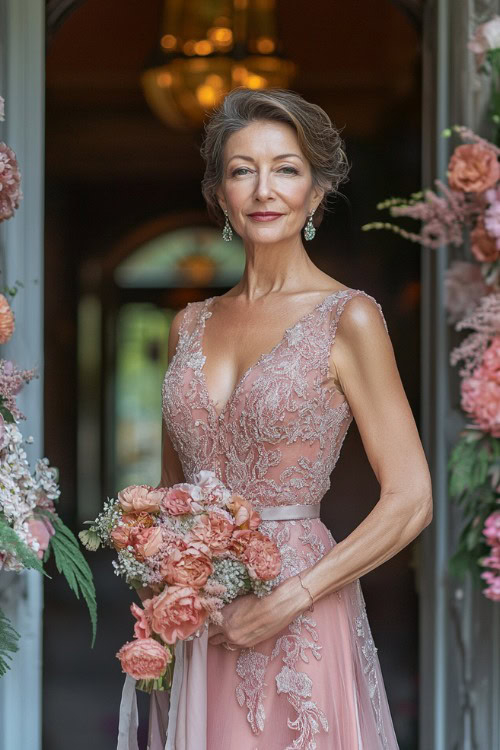 A fashionable woman over 50 in a blush pink cocktail dress with floral lace details, standing near a grand wedding entrance decorated with flowers.