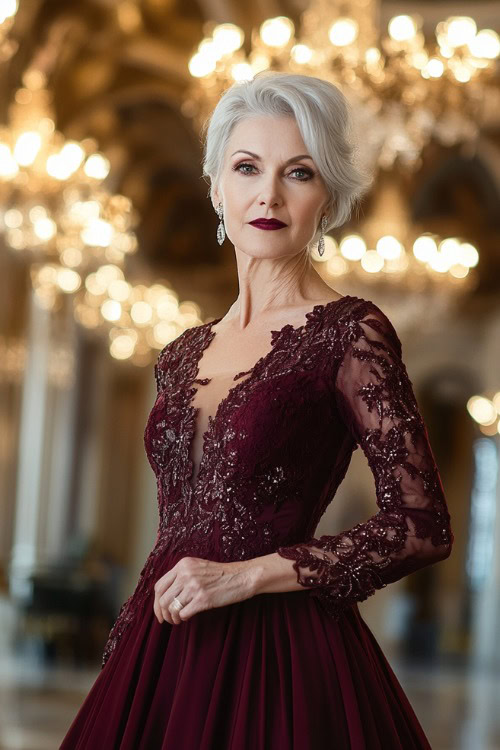 A fashionable woman over 50 in a burgundy floor-length dress with fitted lace sleeves, posing under soft chandelier lighting in a grand reception hall