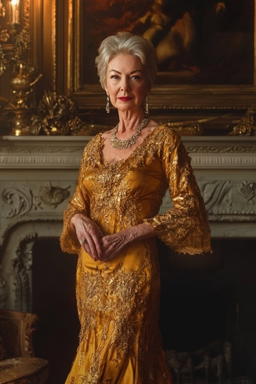 A fashionable woman over 50 in a golden maxi dress with flutter sleeves, standing near an opulent fireplace (2)