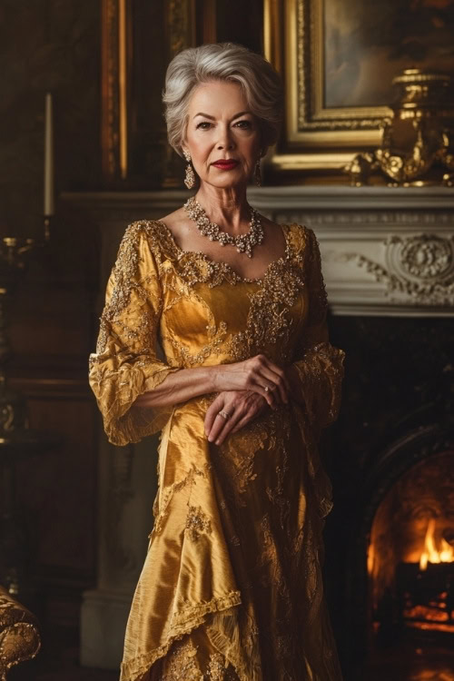 A fashionable woman over 50 in a golden maxi dress with flutter sleeves, standing near an opulent fireplace