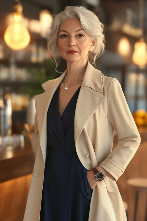 A fashionable woman over 50 in a navy wrap dress paired with a cream-colored long trench coat, standing near a warmly lit wedding bar