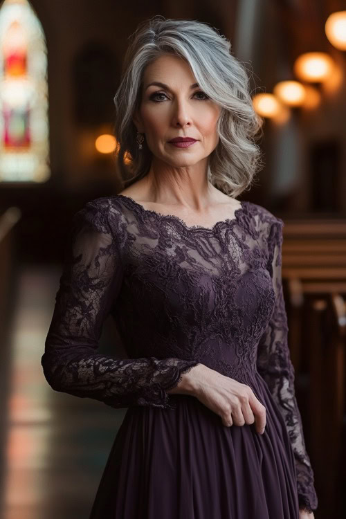 A fashionable woman over 50 wearing a dark plum tea-length dress with lace sleeves