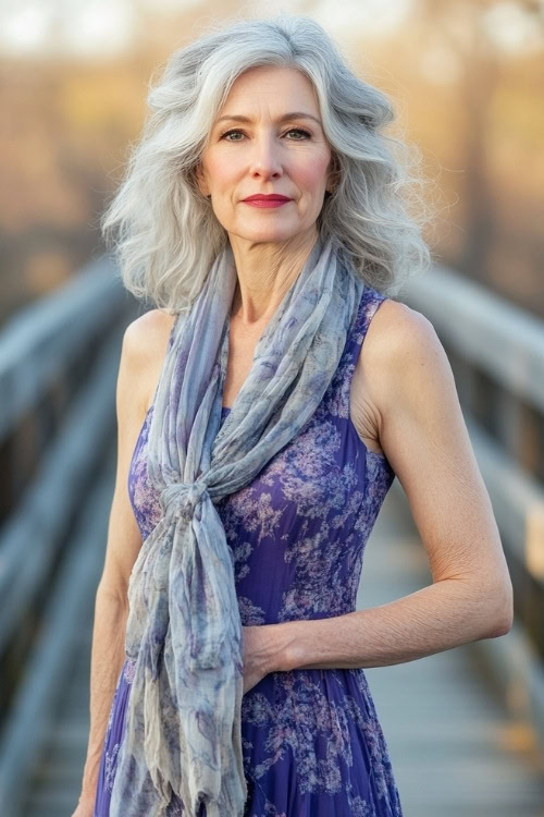 A fashionable woman over 50 wearing a periwinkle sleeveless dress with a lightweight scarf, standing by a wooden bridge in springtime (2)