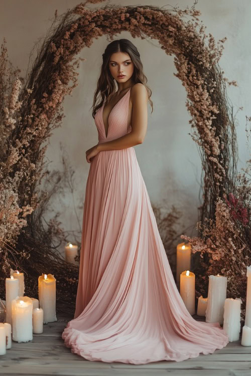 A fashionable woman wearing a blush pink A-line gown with an asymmetrical hemline (3)