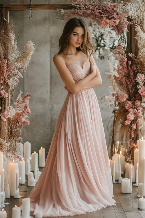 A fashionable woman wearing a blush pink A-line gown with an asymmetrical hemline