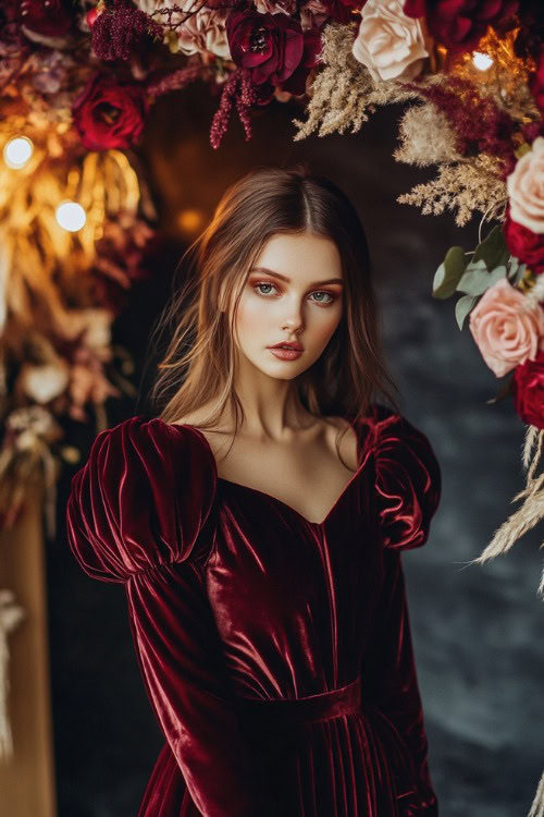 A fashionable woman wearing a burgundy velvet tea-length dress with puffed sleeves