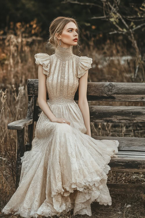 A fashionable woman wearing a champagne-colored dress with a high neckline and a peplum bodice