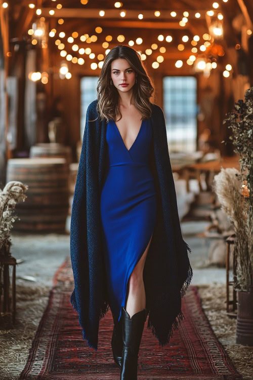 A fashionable woman wearing a cobalt blue sheath dress paired with black cowboy boots and a wool shawl (2)