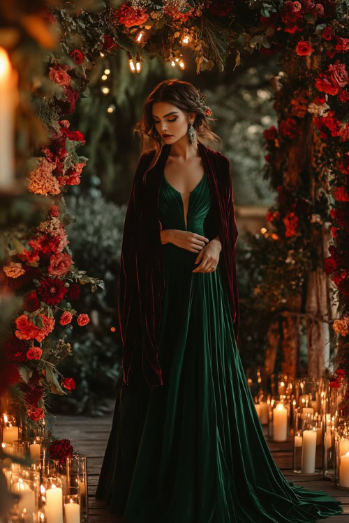 A fashionable woman wearing a deep emerald green high-low dress paired with a velvet shawl