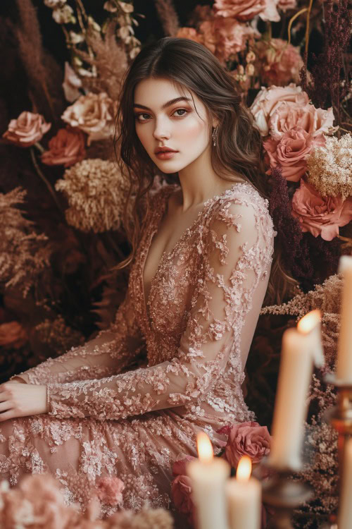 A fashionable woman wearing a dusty rose high-low dress with long sleeves