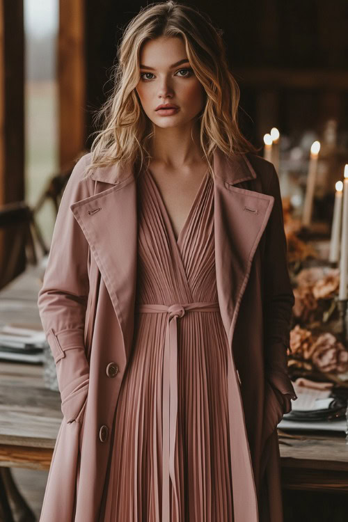 A fashionable woman wearing a dusty rose pleated tea-length dress paired with a cropped trench coat 