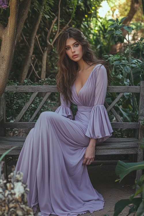 A fashionable woman wearing a lavender wrap dress with a tulip hemline and bell sleeves