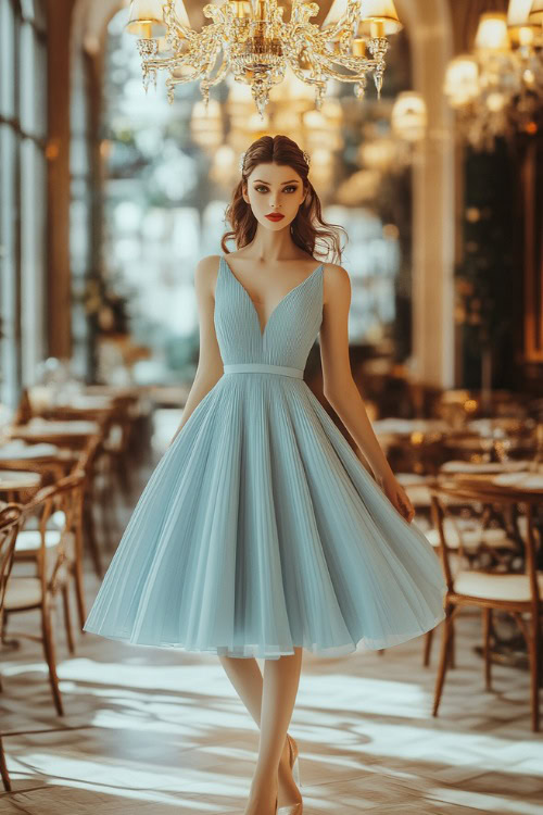 A fashionable woman wearing a pastel blue short tea-length dress with subtle pleats