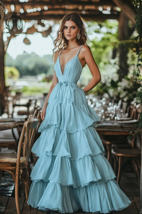 A fashionable woman wearing a pastel blue tea-length dress with a tiered skirt and an illusion neckline