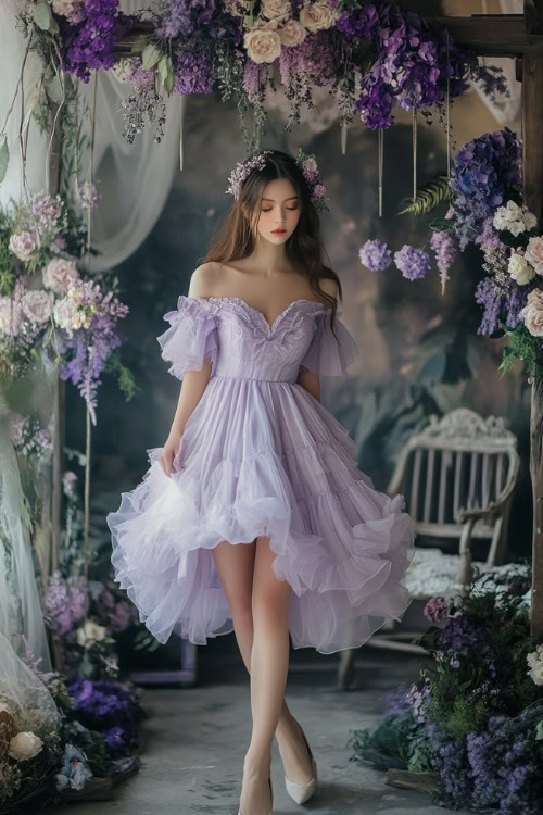 A fashionable woman wearing a pastel lavender knee-length dress with a sweetheart neckline