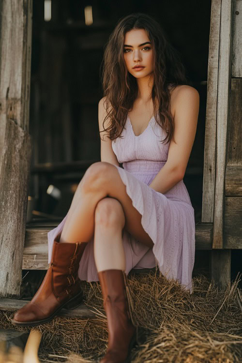 A fashionable woman wearing a pastel lavender midi dress paired with brown leather boots