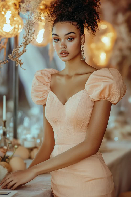 A fashionable woman wearing a pastel peach knee-length bubble dress with puff sleeves and a cinched waist