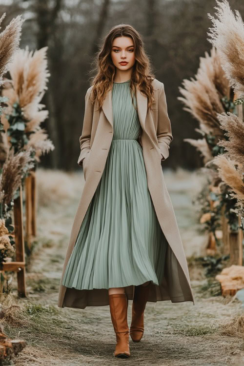 A fashionable woman wearing a sage green pleated midi dress layered with a beige tailored coat, paired with brown leather ankle boots