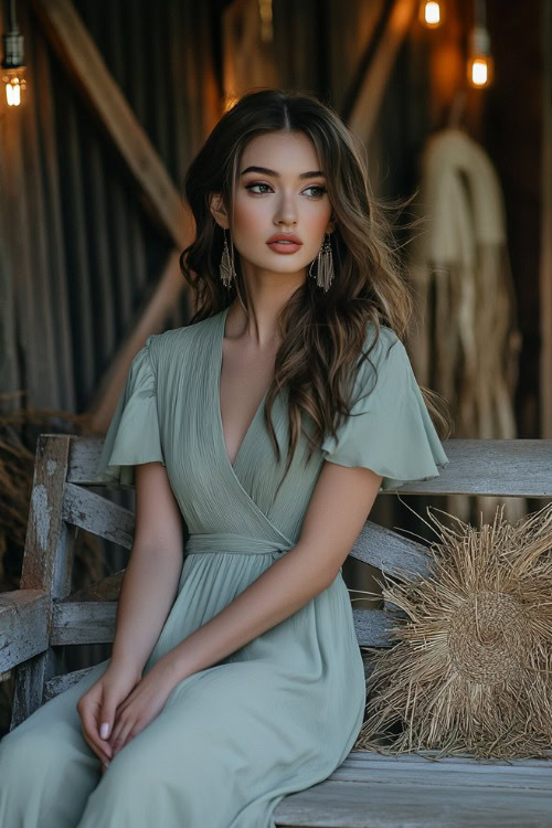 A fashionable woman wearing a sage green tea-length wrap dress with flutter sleeves