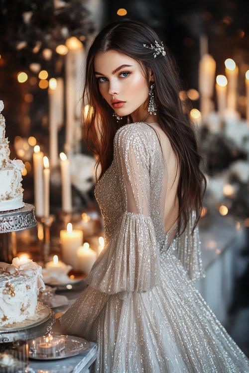 A fashionable woman wearing a silver floor-length gown with long bell sleeves and shimmering details