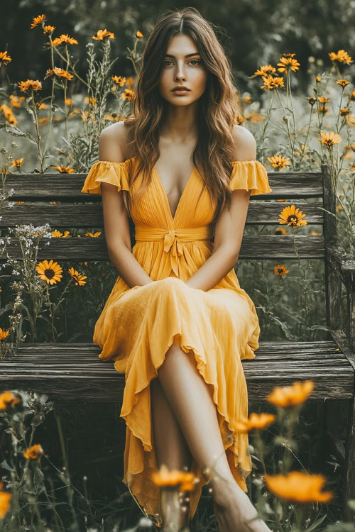 A fashionable woman wearing a sunflower yellow A-line midi dress with a cinched waist and flutter sleeves