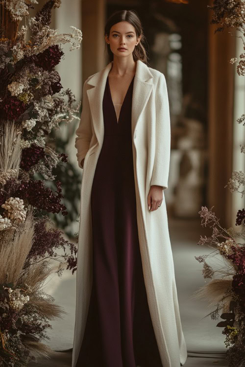 A full-body image of a woman in a dark plum sheath dress paired with a long cream coat, standing near a decorated indoor wedding arch