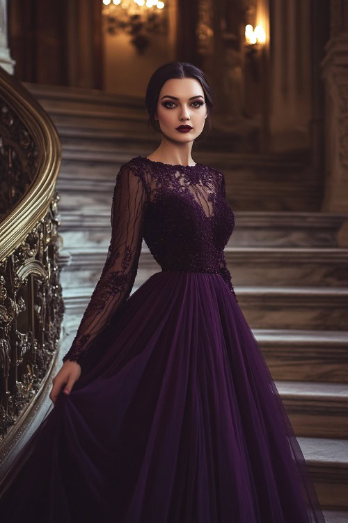 A full-body image of a woman in a deep plum A-line dress with sheer sleeves, posing by a grand staircase at a formal wedding venue