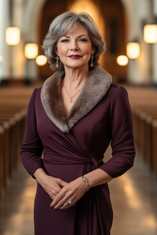 A full-body image of a woman over 50 in a dark plum wrap dress with a faux fur collar, standing in a cathedral wedding venue (2)