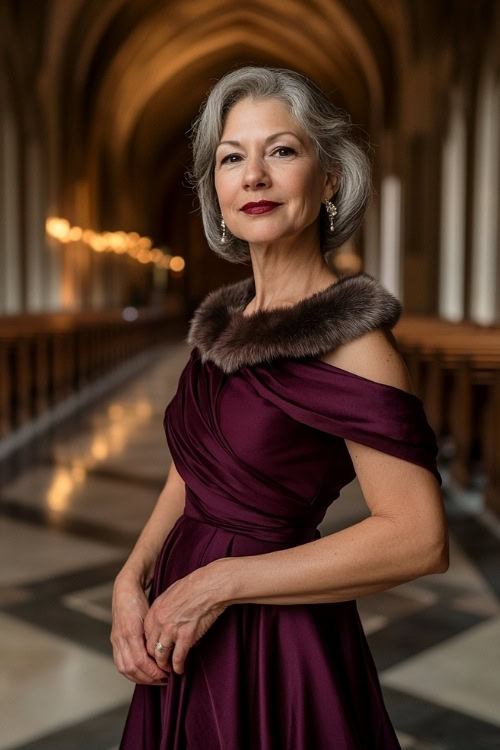 A full-body image of a woman over 50 in a dark plum wrap dress with a faux fur collar, standing in a cathedral wedding venue