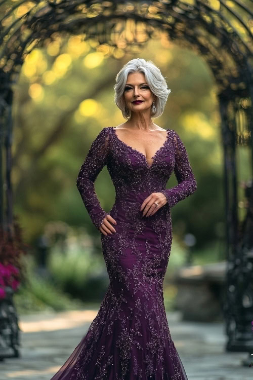 A full-body image of a woman over 50 in a deep plum cocktail dress with intricate beaded detailing, standing near a large decorative wedding arch (2)