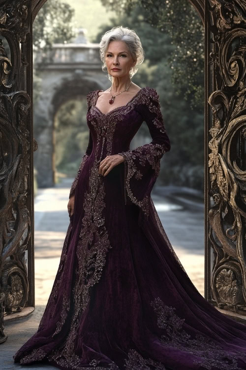 A full-body image of a woman over 50 in a deep plum cocktail dress with intricate beaded detailing, standing near a large decorative wedding arch