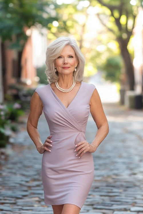 A full-body image of a woman over 50 in a lavender sheath dress with a pearl necklace, posing on a cobblestone pathway at a spring wedding (2)