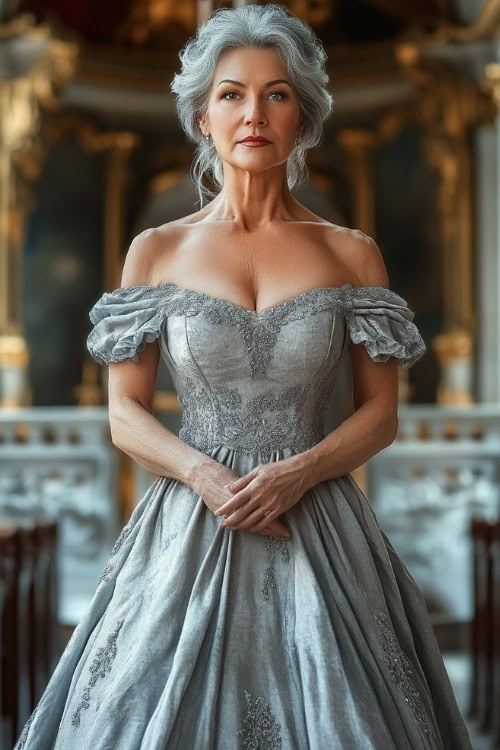 A full-body image of a woman over 50 in a light grey evening gown with off-the-shoulder sleeves, standing in an ornate wedding chapel