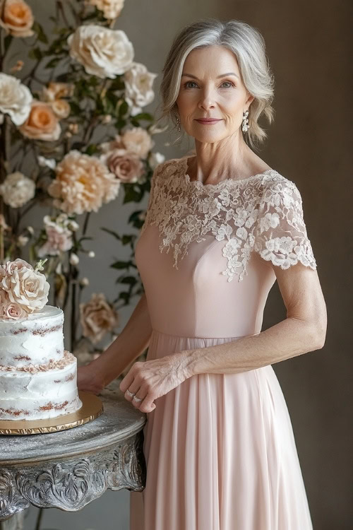 A full-body view of a petite woman over 50 in a blush pink sheath dress with lace cap sleeves, standing near a decorated wedding cake table (2)