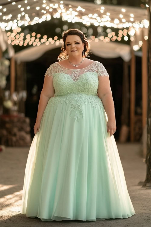 A full-body view of a plus-size woman over 50 in a pastel mint-green dress with a fitted bodice, posing near a wedding marquee