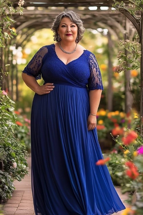 A full-body view of a plus-size woman over 50 wearing a cobalt blue chiffon dress with an empire waist, standing near a floral trellis