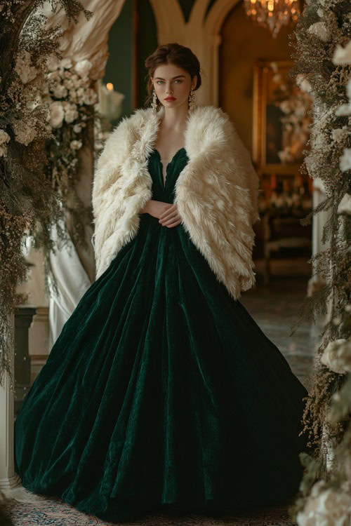 A full-body view of a woman in a deep emerald green gown layered with a luxurious cream fur shawl, standing near a beautifully decorated wedding arch indoors