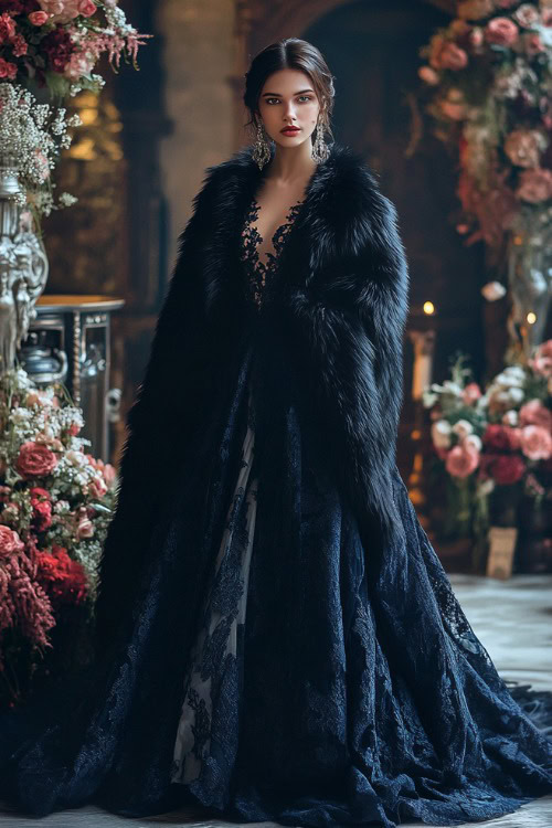 A full-body view of a woman in a navy gown layered with a luxurious faux fur cape, standing near a grand wedding stage decorated with flowers