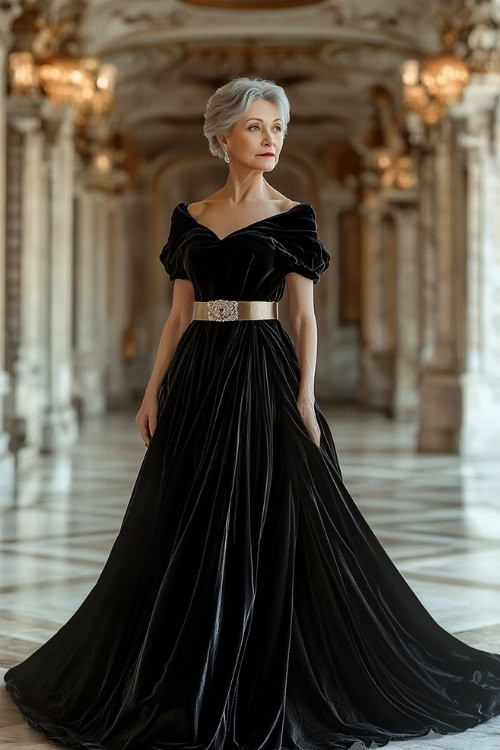 A full-body view of a woman over 50 in a black velvet floor-length gown with a satin belt, standing in an opulent ballroom (2)