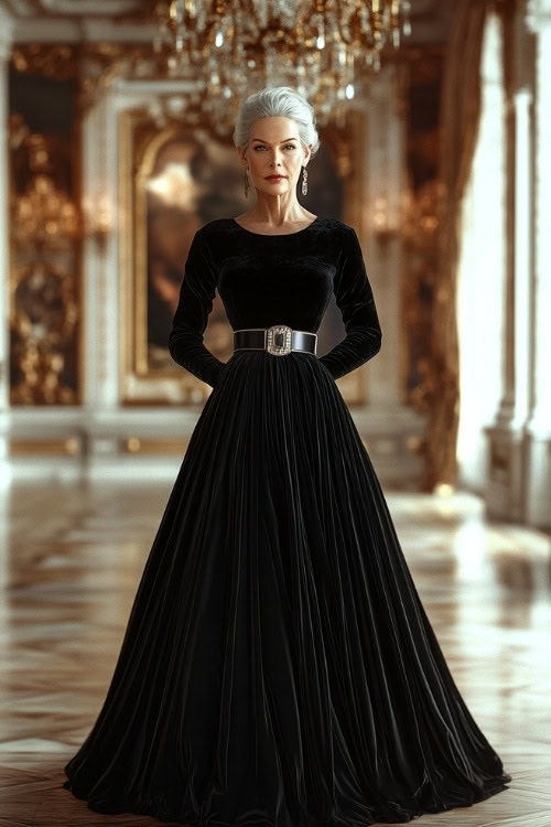 A full-body view of a woman over 50 in a black velvet floor-length gown with a satin belt, standing in an opulent ballroom