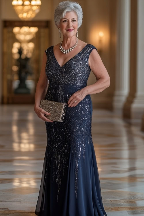 A full-body view of a woman over 50 in a navy cocktail dress with sequined details, holding a clutch, and standing in a ballroom