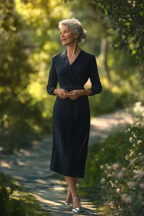 A full-body view of a woman over 50 in a navy wrap dress with silver heels, standing on a sunny garden path