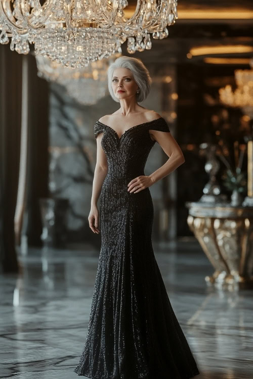 A full-body view of a woman over 50 in a sleek black cocktail dress with a sweetheart neckline, standing near a sparkling chandelier in a wedding reception hall