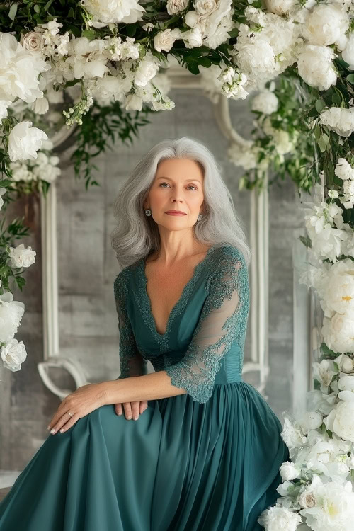 A full-body view of a woman over 50 in a teal floor-length chiffon gown