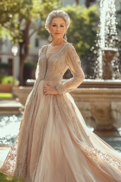 A full-body view of a woman over 50 wearing a champagne-colored long gown with an embroidered bodice, posing near an elegant fountain