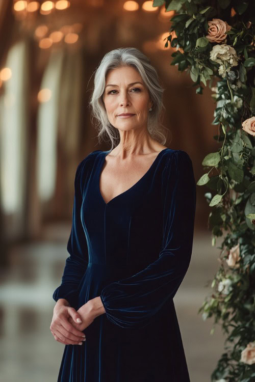 A full-body view of a woman over 50 wearing a deep navy-blue velvet dress with long bishop sleeves, standing near a warmly lit indoor wedding arch